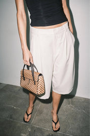 Cream Pleated Wide Leg Bermuda Shorts