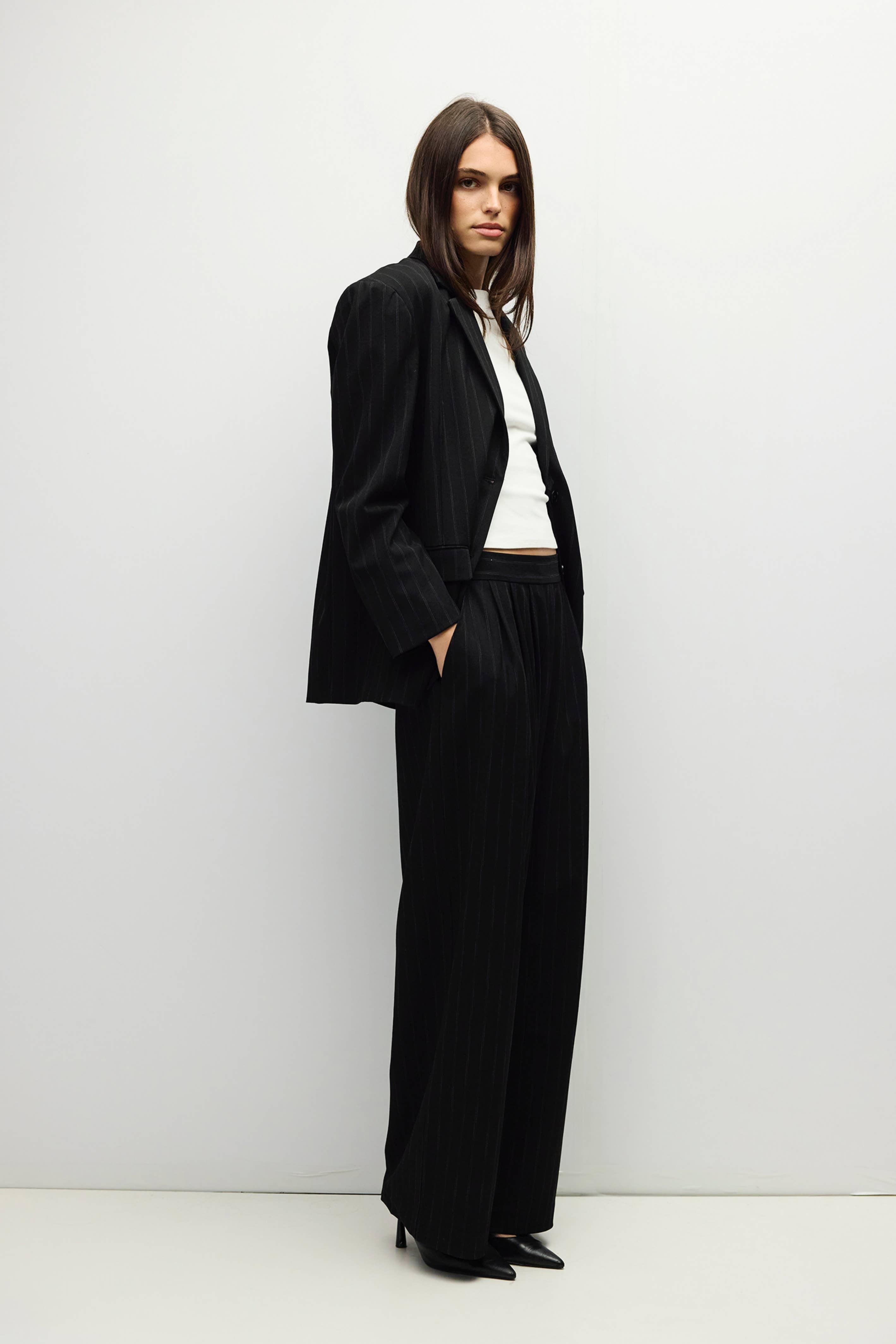 Black Pinstripe Pleated Maren Pants