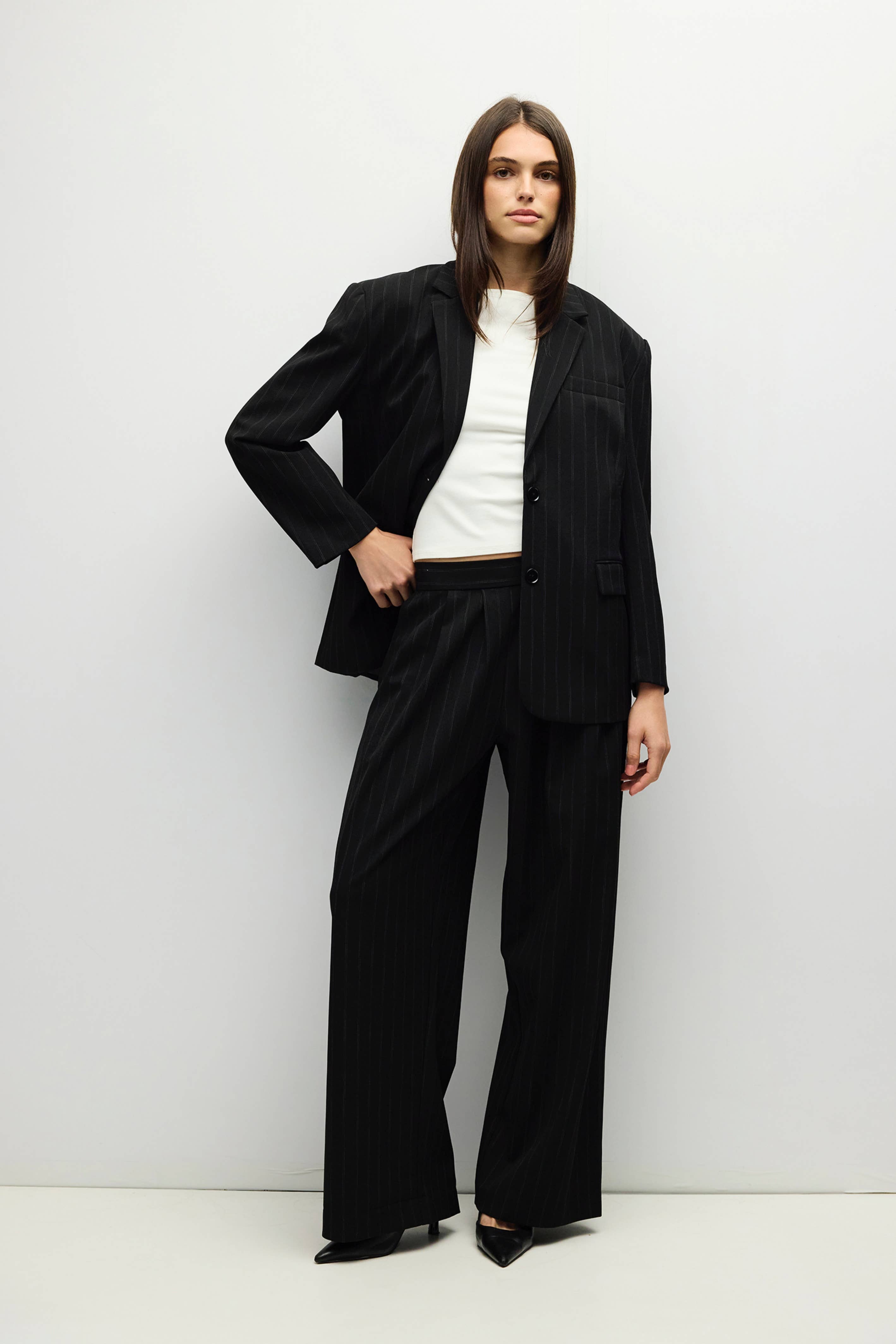 Black Pinstripe Pleated Maren Pants