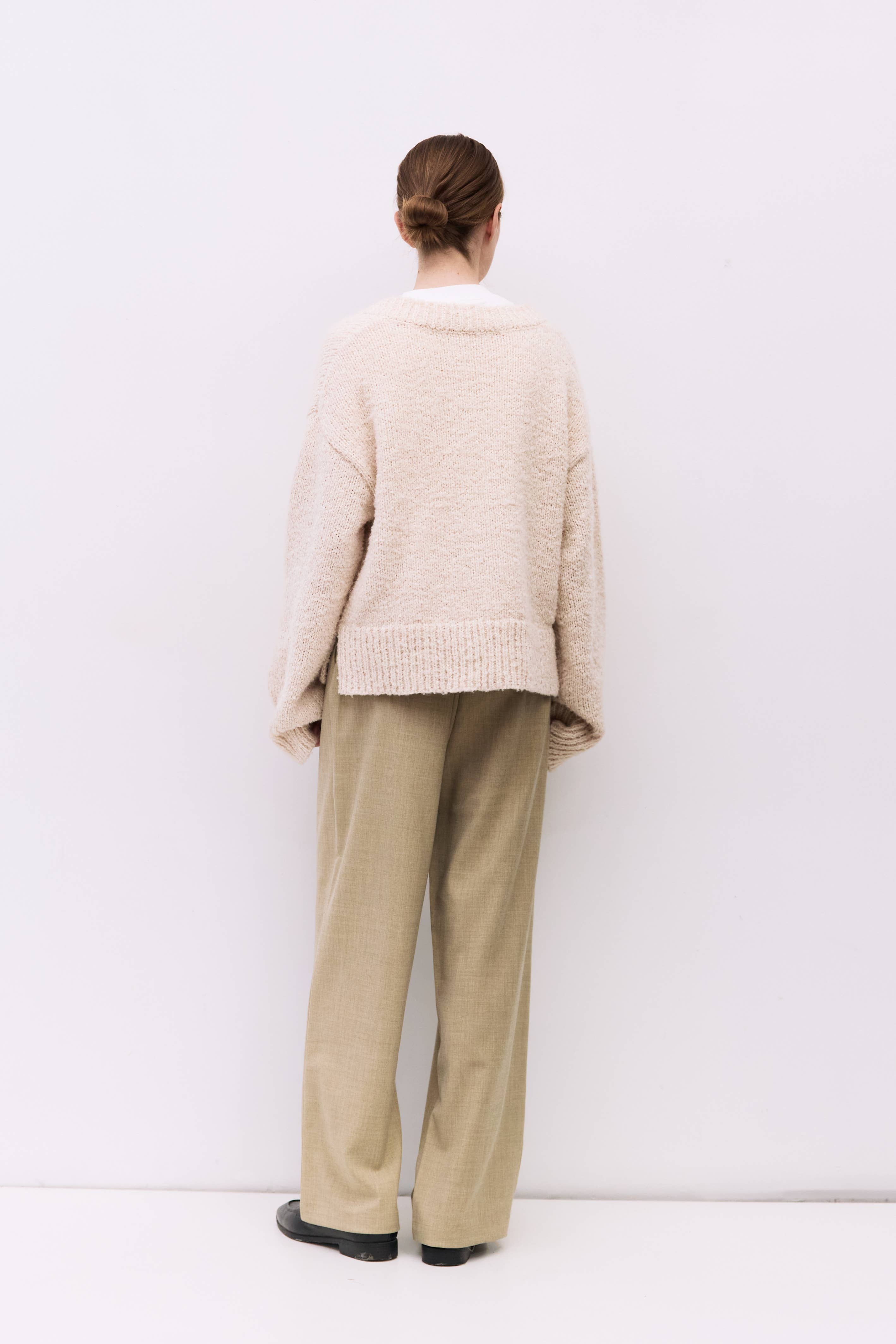 Cream Oversized Boucle Knit V-Neck Sweater