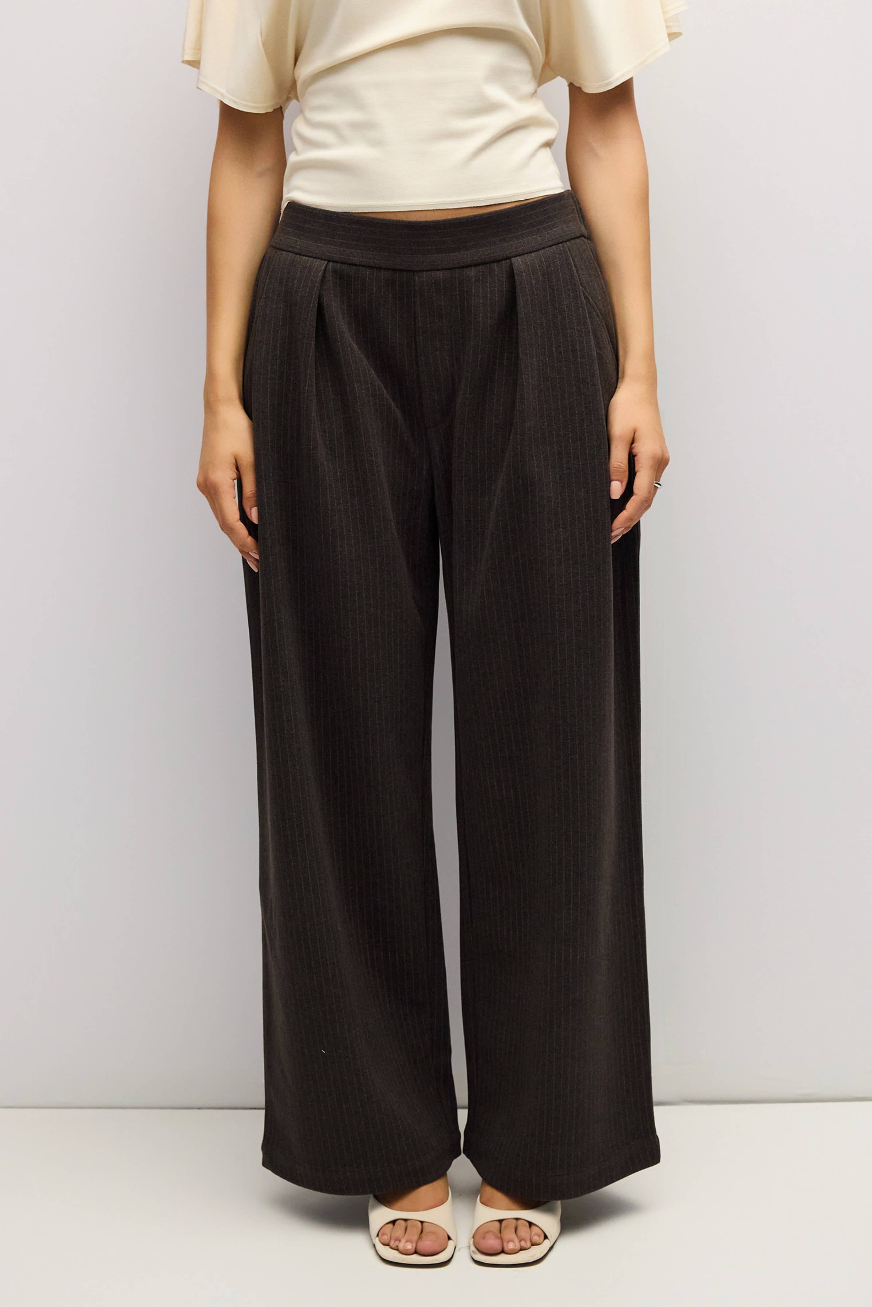Brown Pinstripe Pleated Sophia Pants