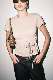 Tan Fine Knit Tie Waist Short Sleeve Tee Top