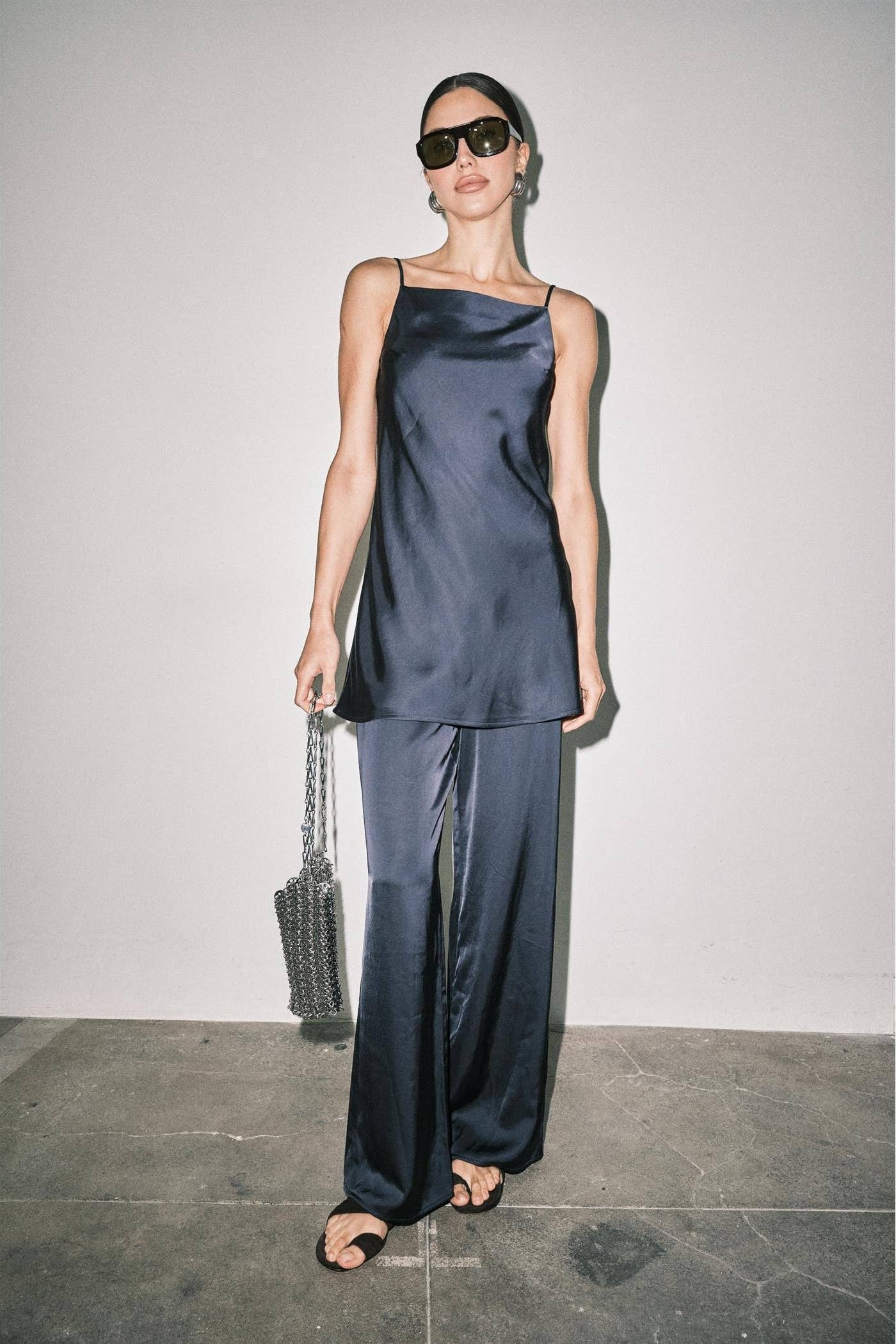 Navy Satin Cami & Wide Leg Pant Set