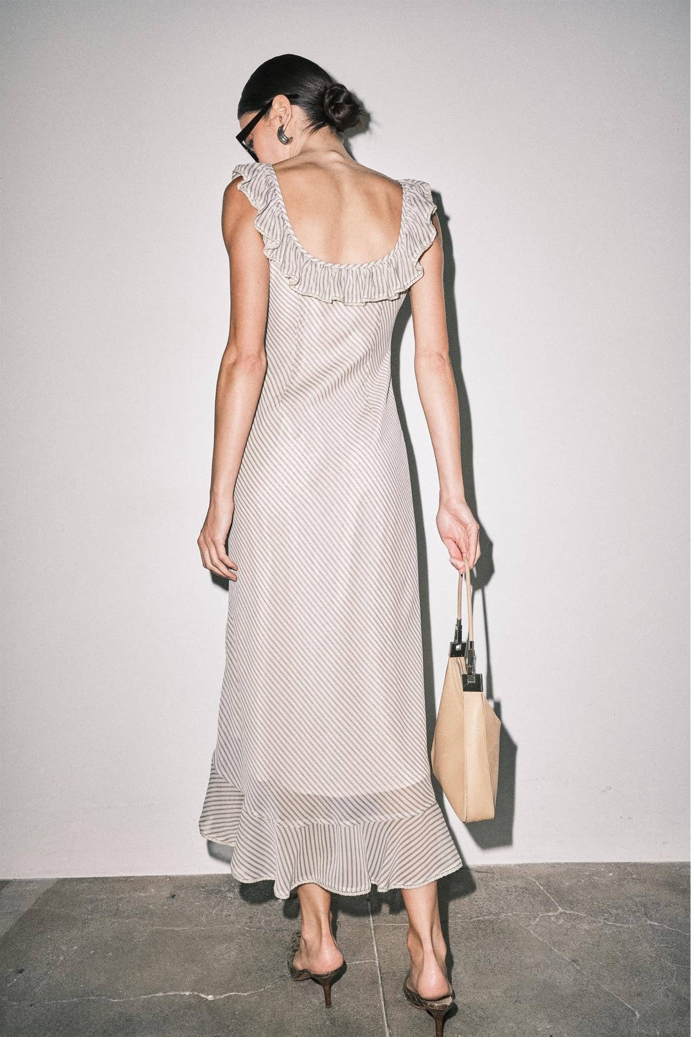 Sage & Cream Stripe Chiffon Bias-Cut Midi Dress