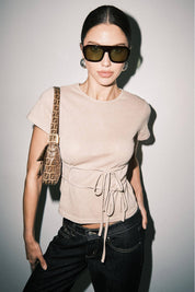 Tan Fine Knit Tie Waist Short Sleeve Tee Top