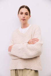 Cream Oversized Boucle Knit V-Neck Sweater