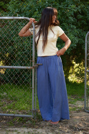 Navy Stripe Washed Linen Wide Leg Pant