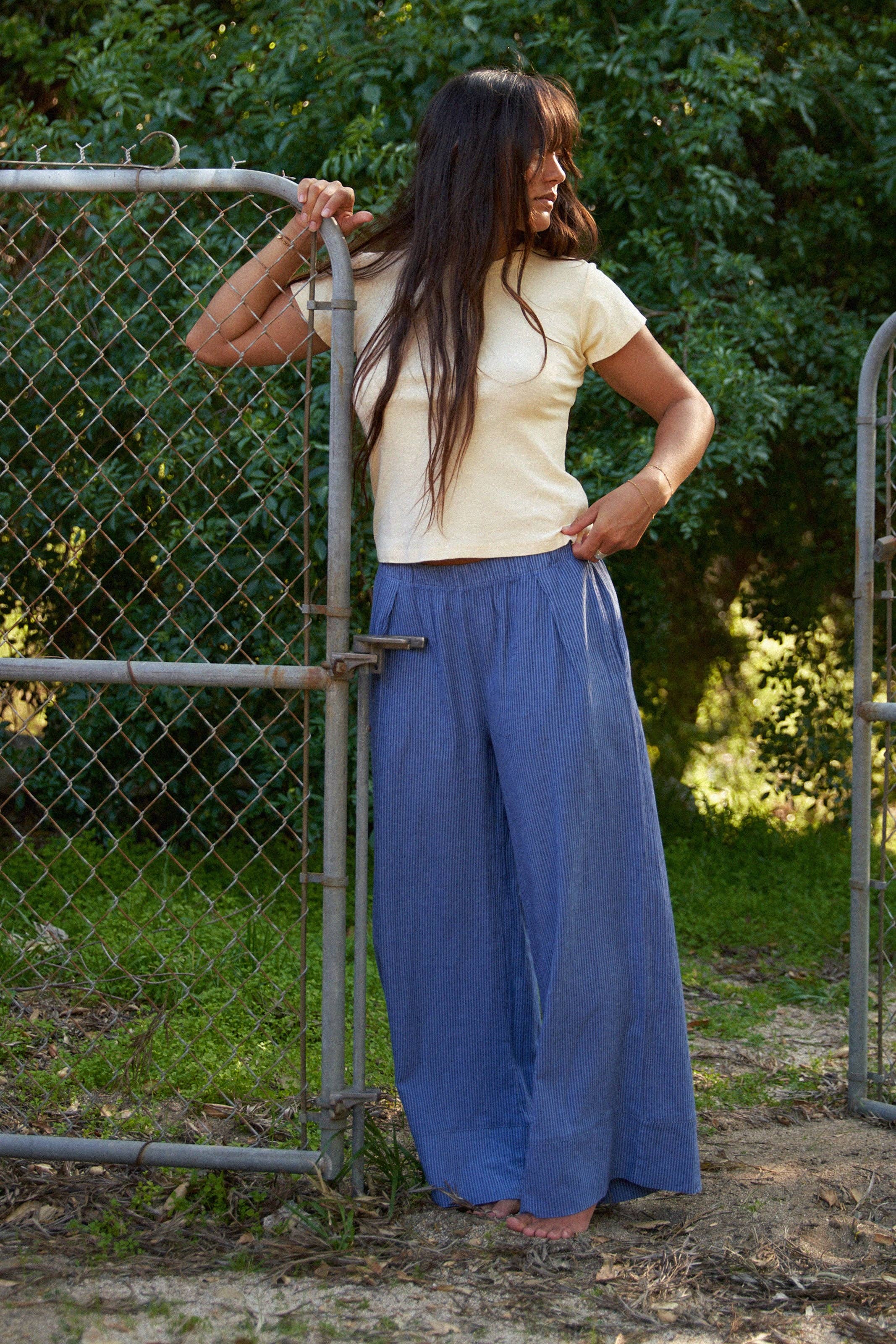 Navy Stripe Washed Linen Wide Leg Pant