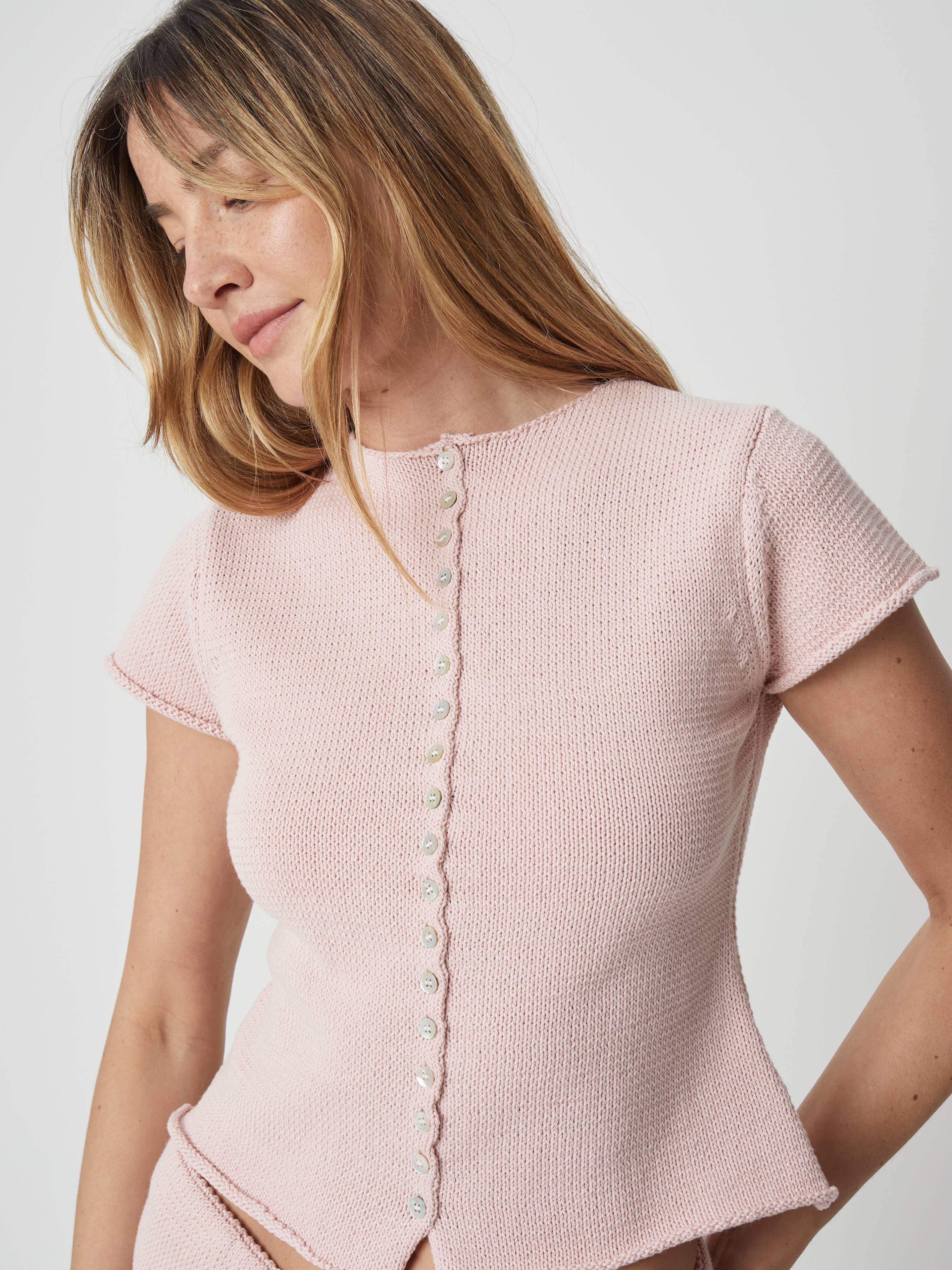 Pink Alana Knit Button Down Top