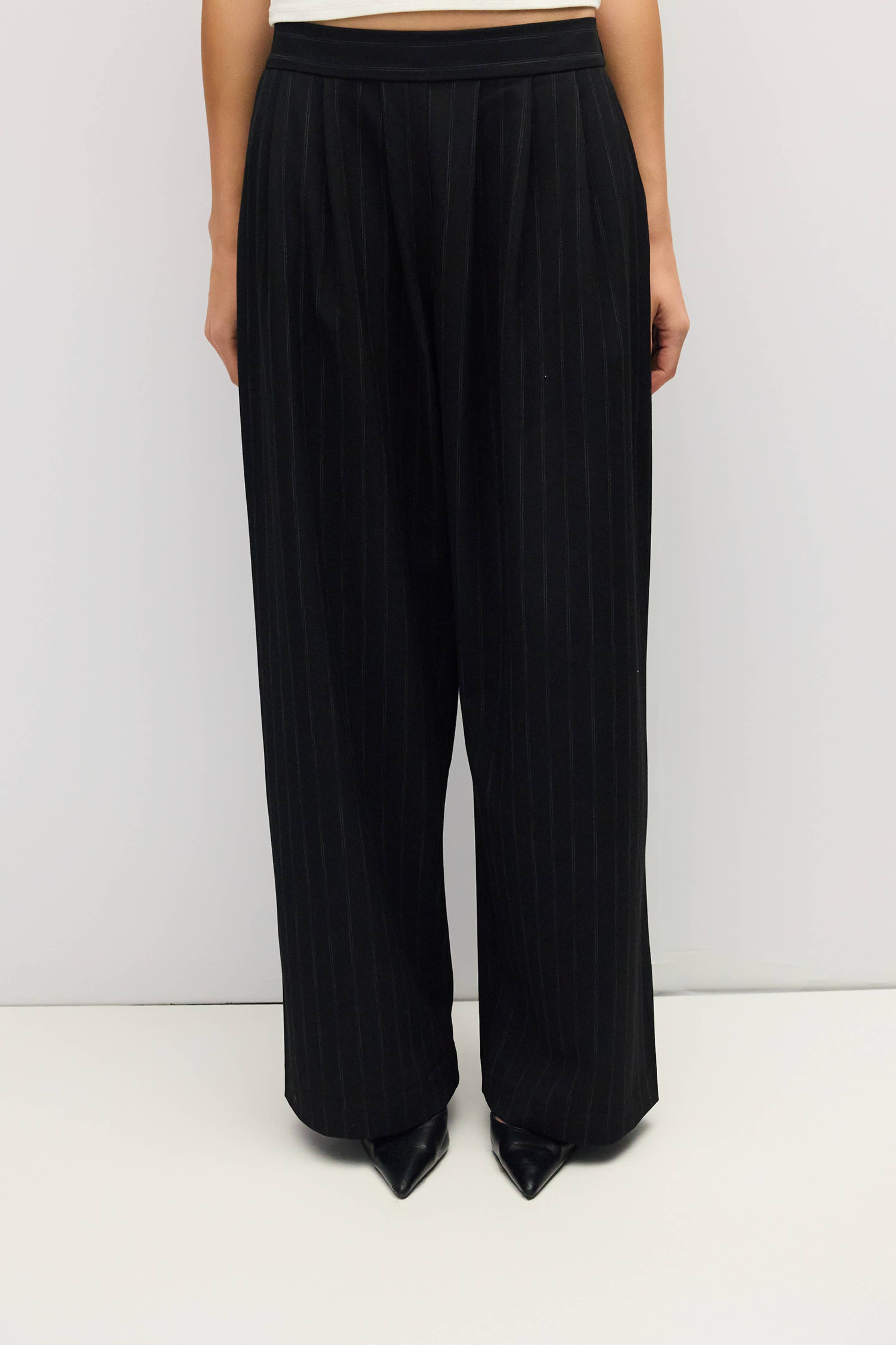 Black Pinstripe Pleated Maren Pants