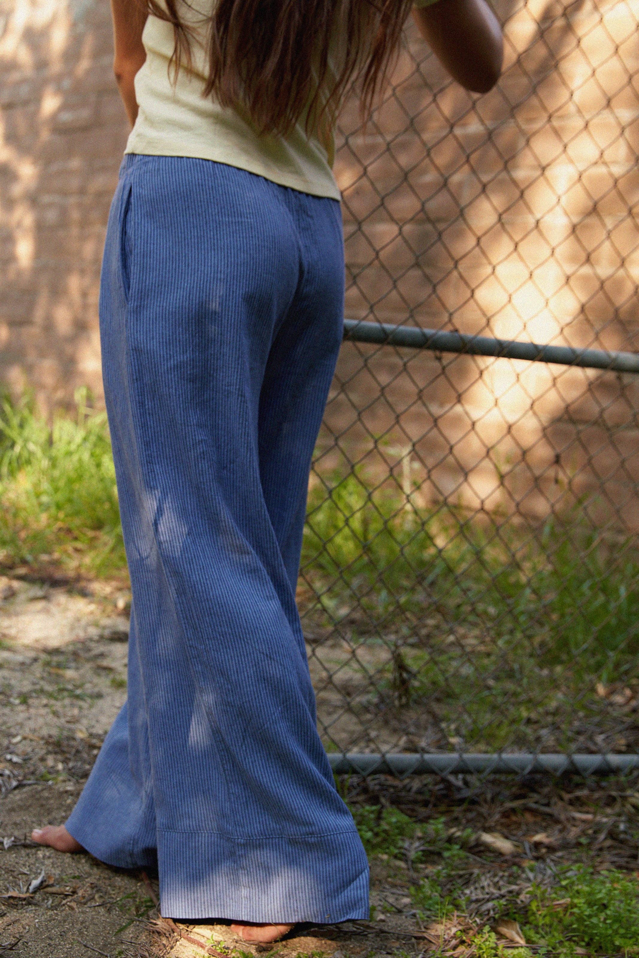 Navy Stripe Washed Linen Wide Leg Pant