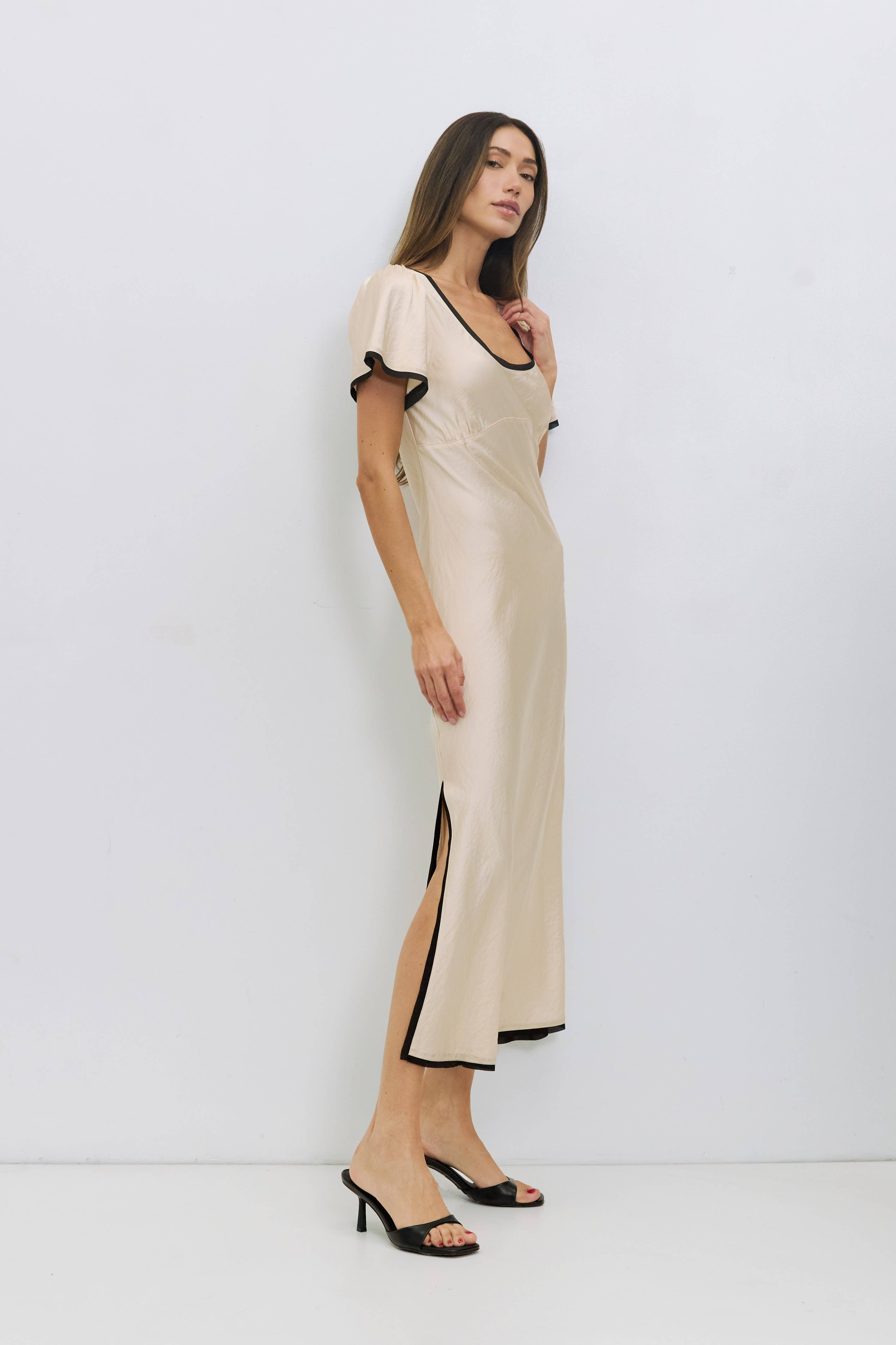 Cream Satin Dress with Contrast Trim