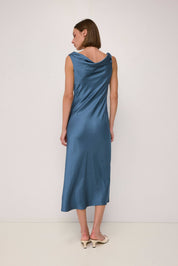 Deep Blue Cowl Neck Crushed Satin Midi Dress
