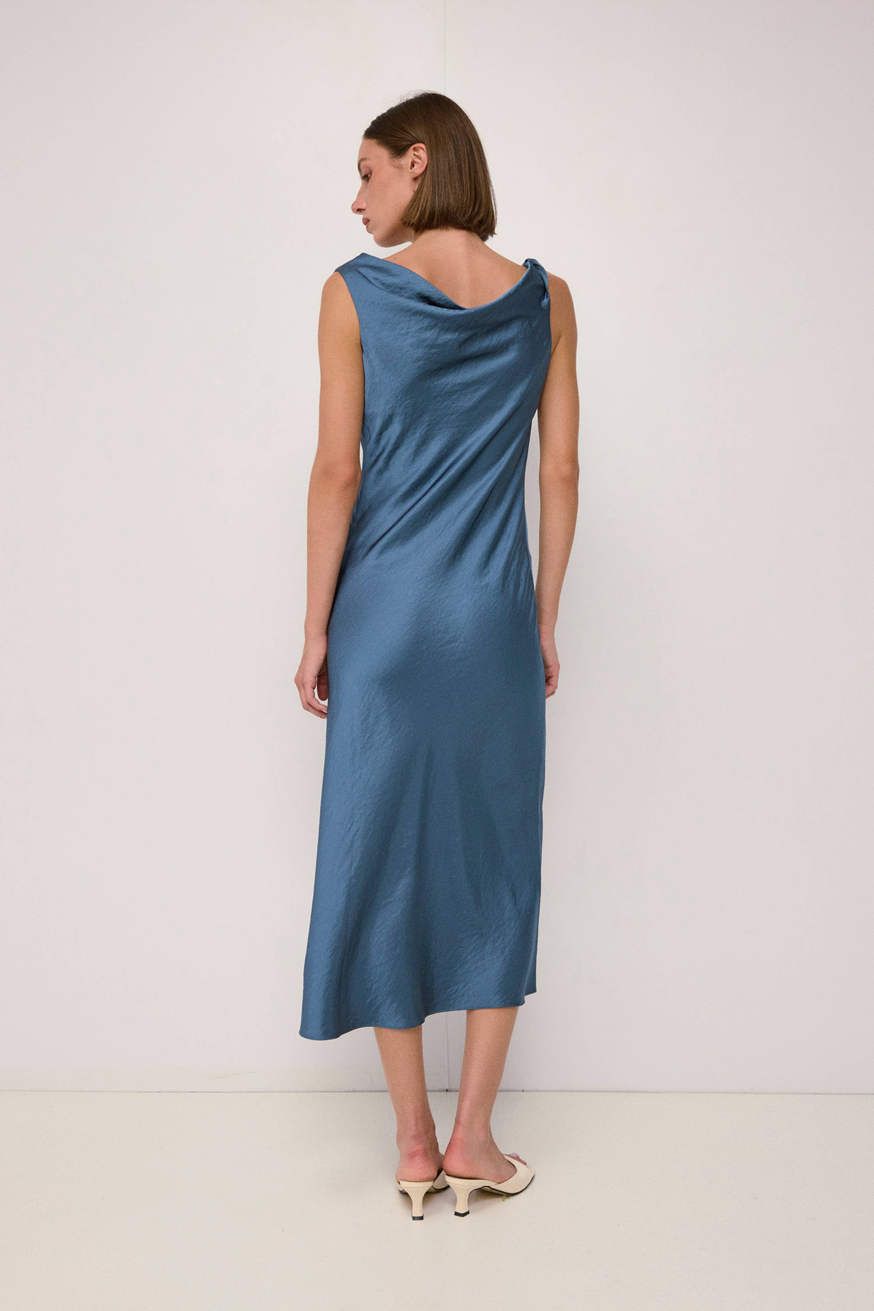 Deep Blue Cowl Neck Crushed Satin Midi Dress