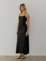 Black Satin Orion Wrap Maxi Dress