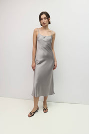 Slate Crinkle Satin Midi Dress