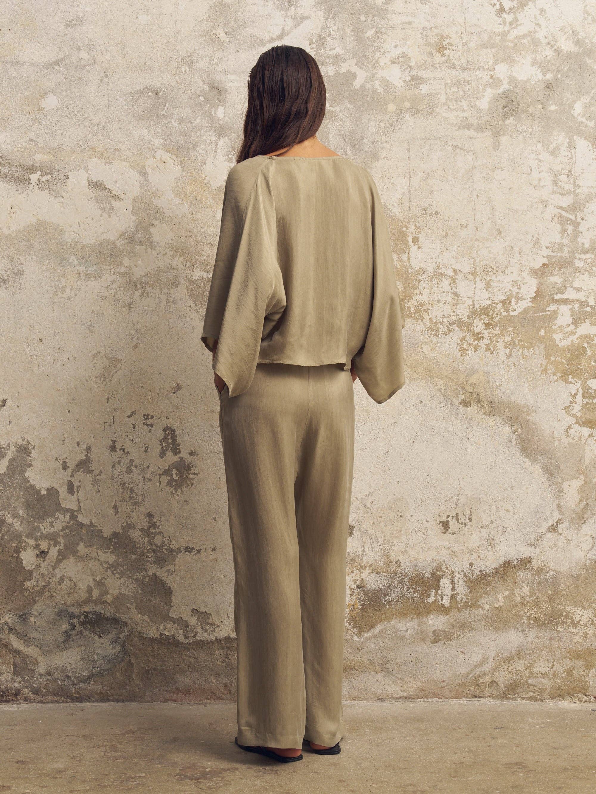 The Handloom Khaki Green Lucid Flow Tie Pants