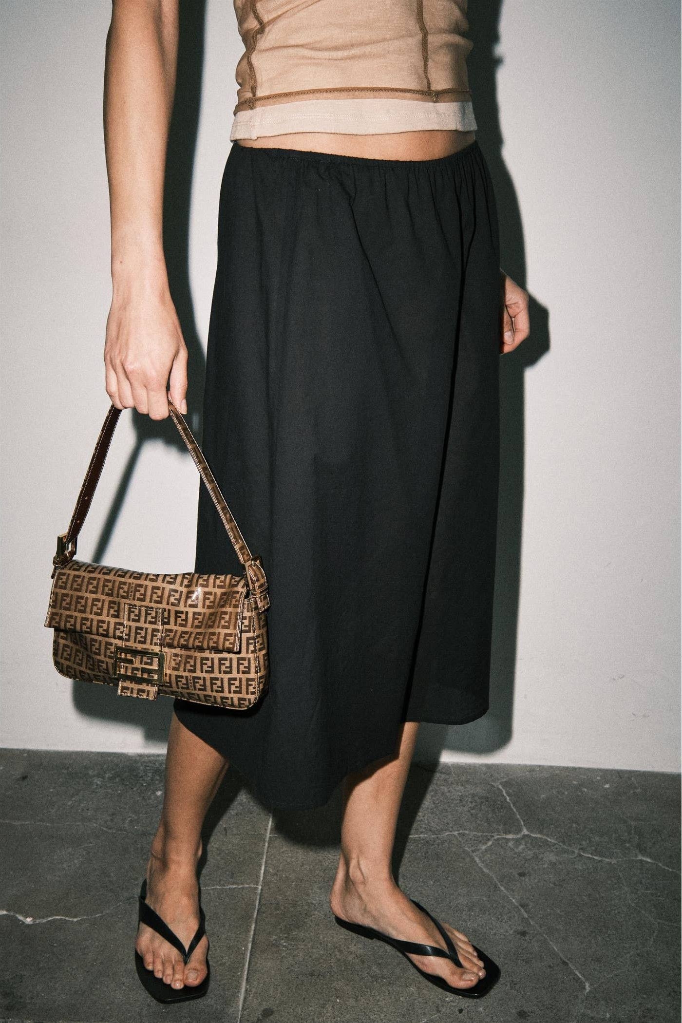 Black Cotton Voile Sheer A-Line Midi Skirt