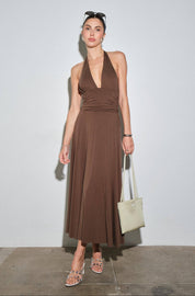 Brown Mila Jersey Plunge Halter Maxi Dress