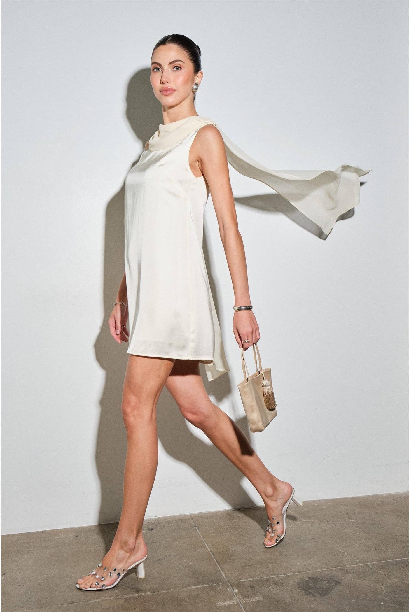 Maris Cream Satin Draped Back Mini Dress
