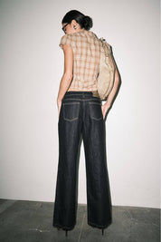 Tan Plaid Peter Pan Collar Double-Breasted Top
