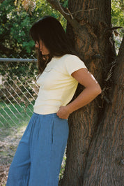 Navy Stripe Washed Linen Wide Leg Pant
