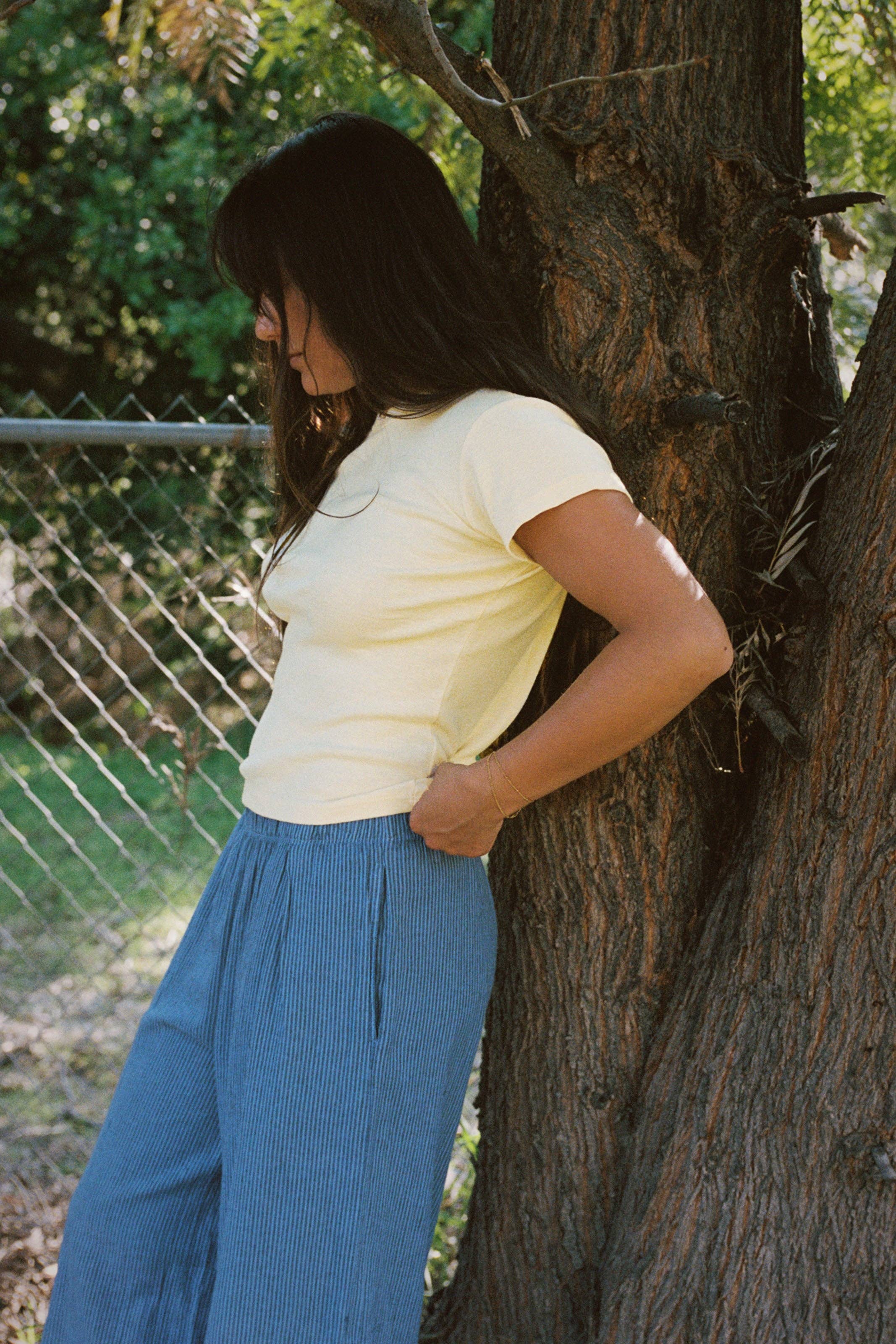 Navy Stripe Washed Linen Wide Leg Pant