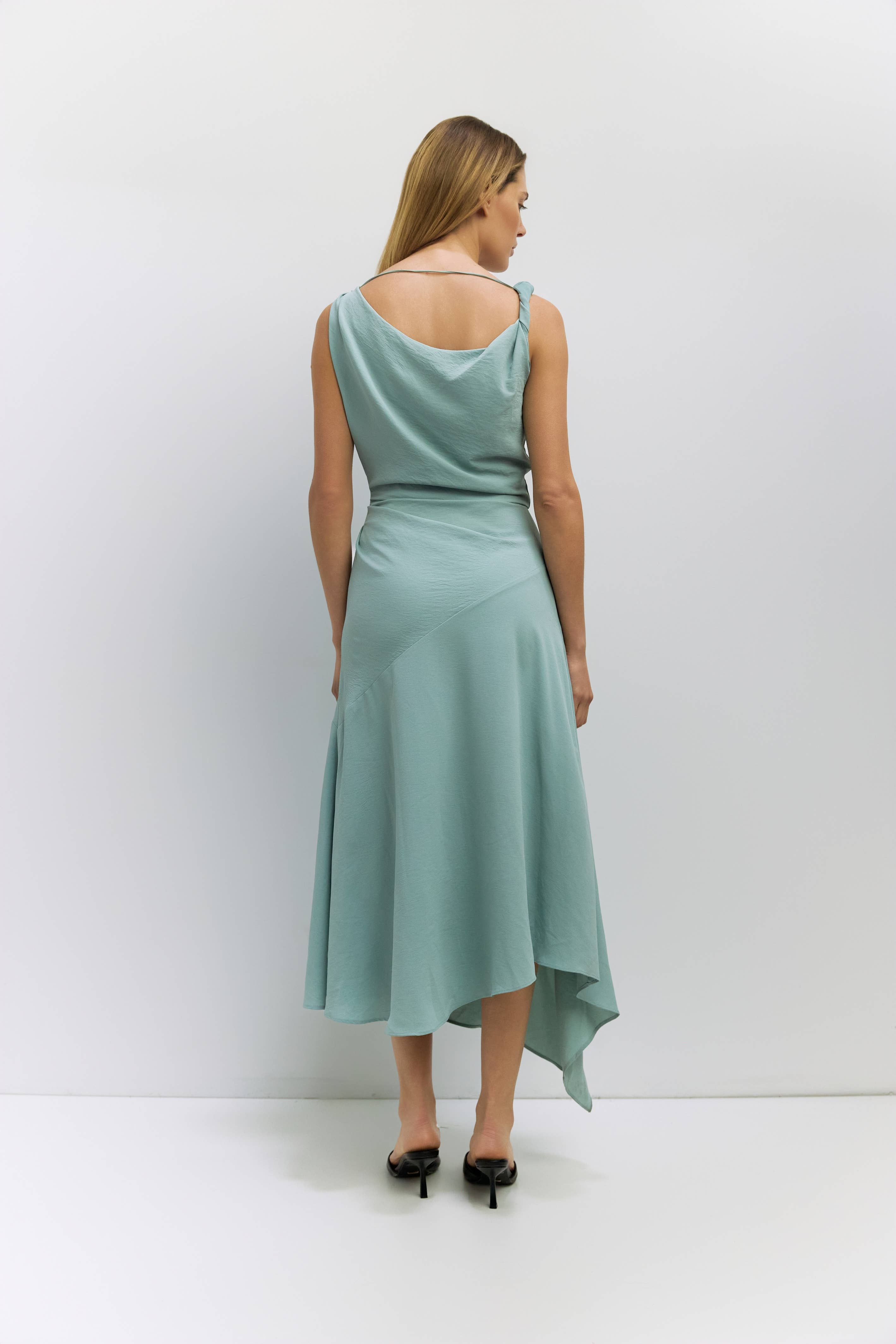 Teal Asymmetrical Cowl Neck Dress