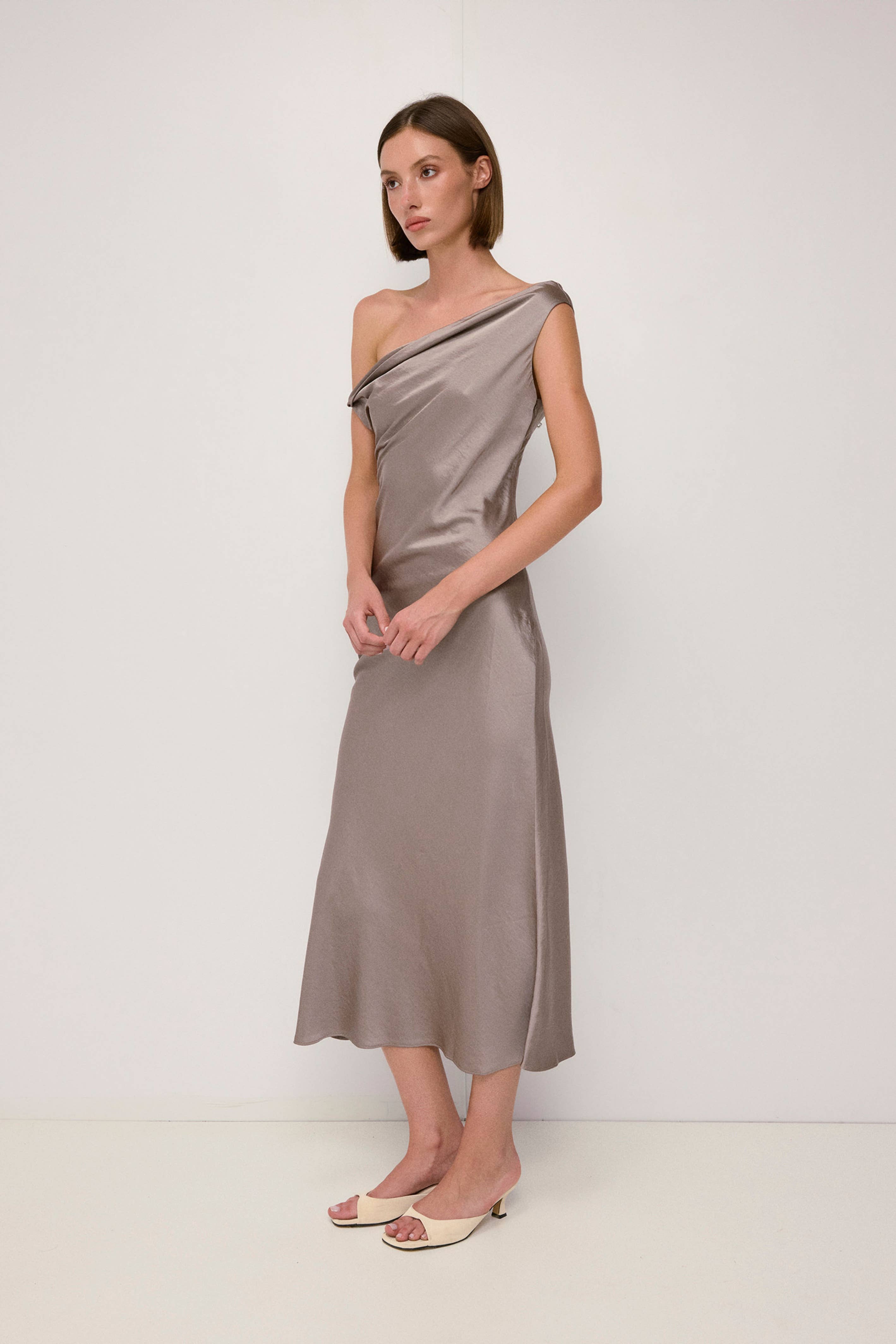 Taupe Cowl Neck Crushed Satin Midi Dress
