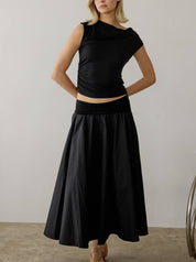 Black Contrasted Waist Full Skirt