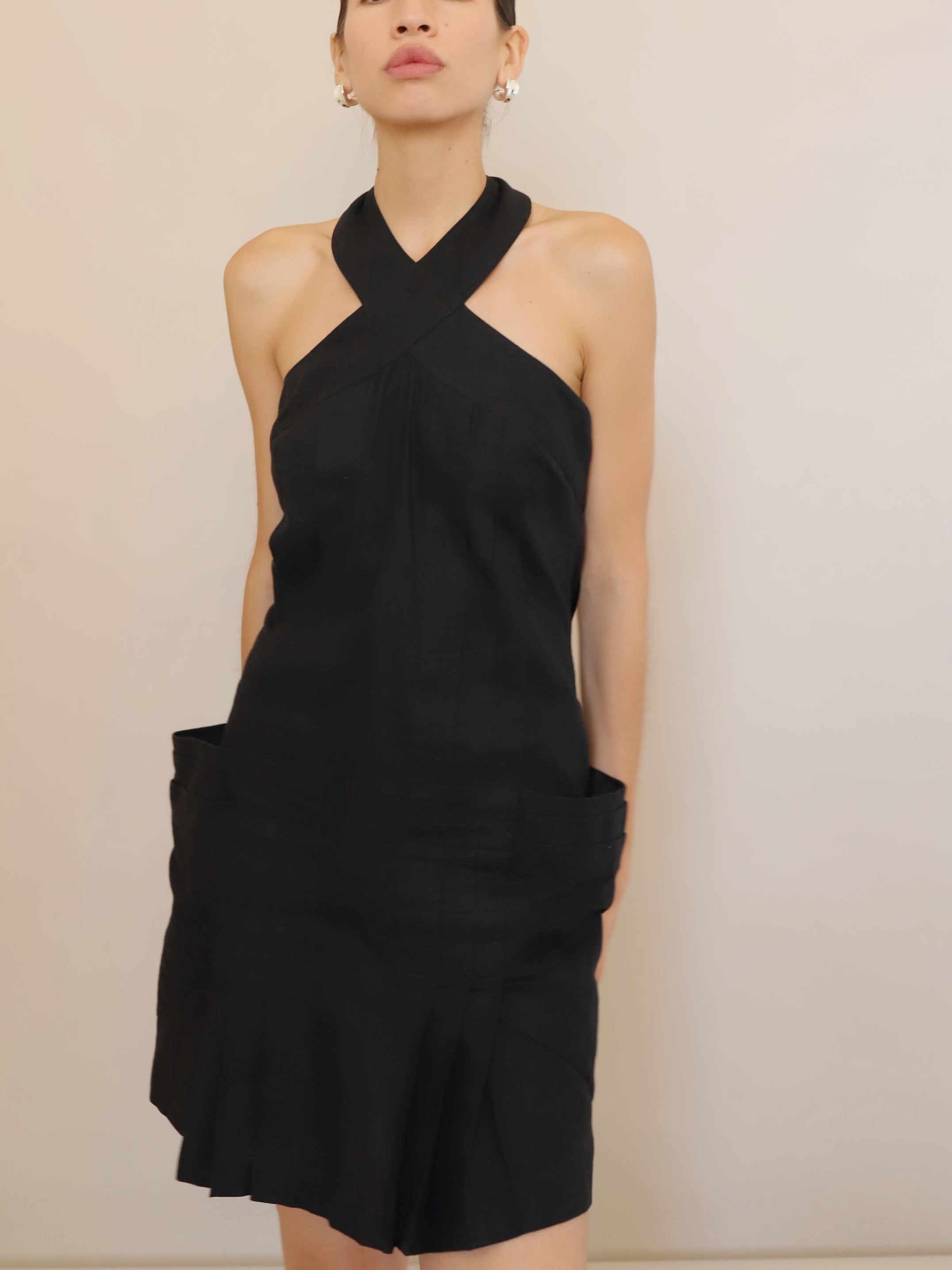 Vintage Black Linen Pleated Halter Mini Dress