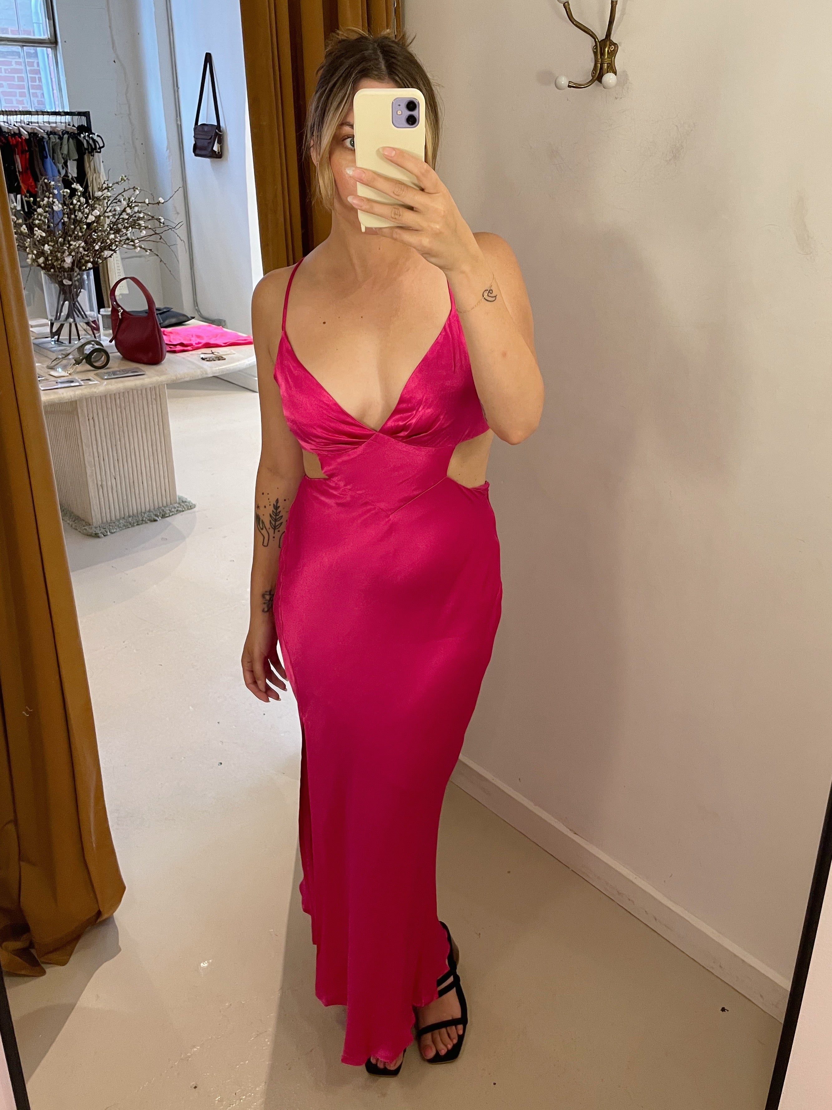 Fuchsia Pink Satin Cut Out Maxi Dress