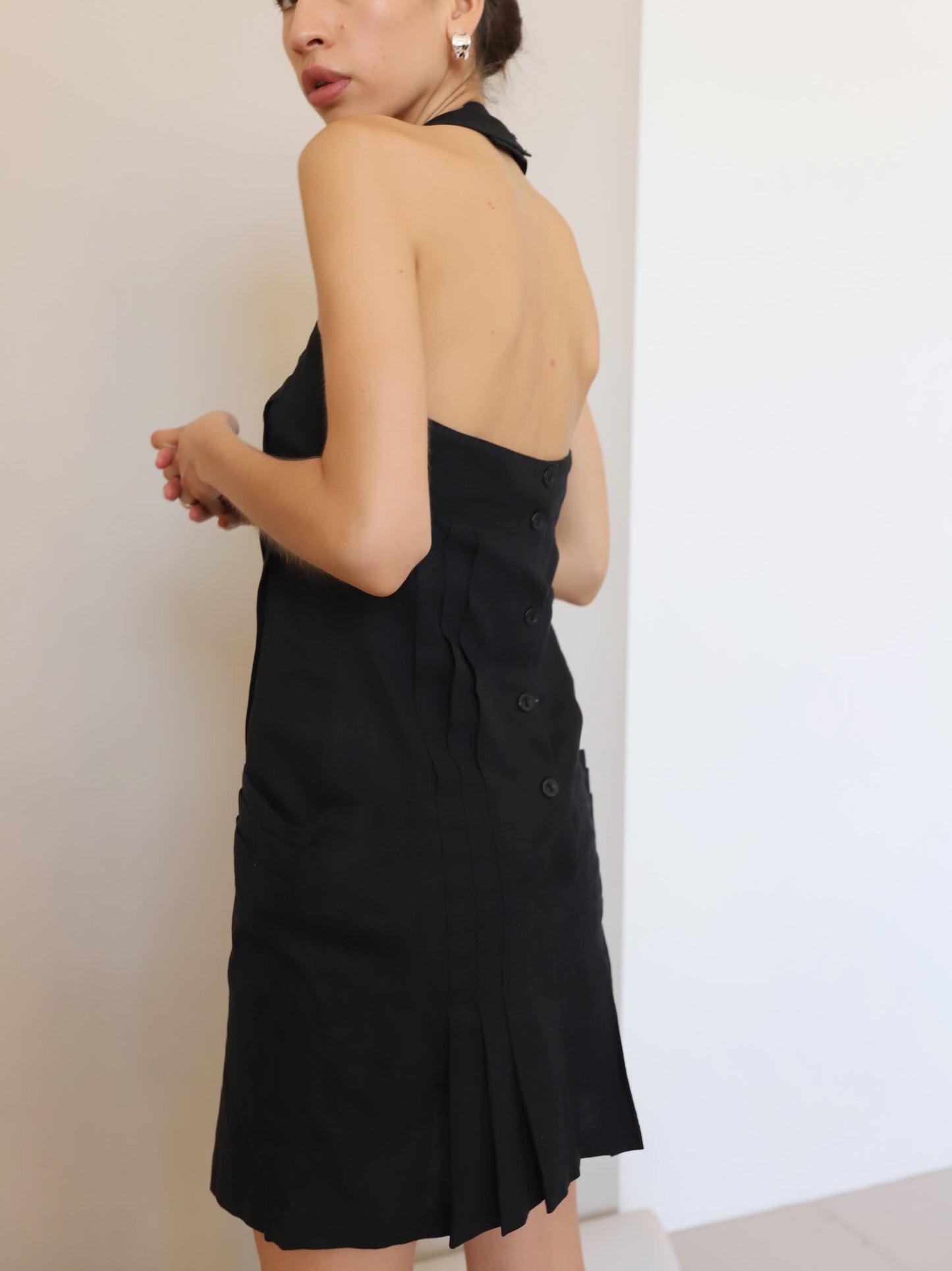 Vintage Black Linen Pleated Halter Mini Dress