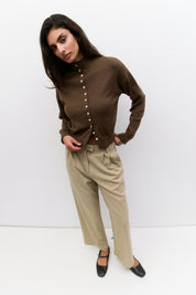 Brown High Neck Brooks Cardigan