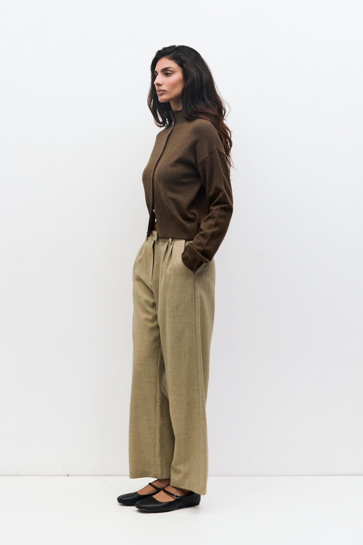 Brown High Neck Brooks Cardigan