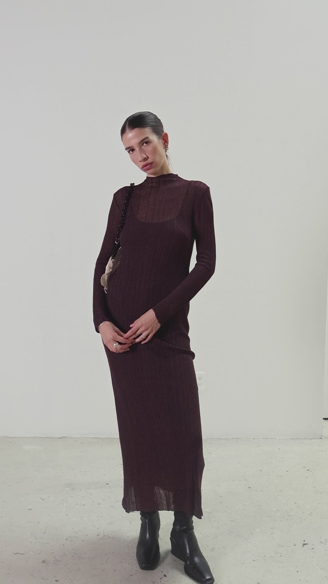 Fig Sheer Lurex Long Sleeve Maxi Dress