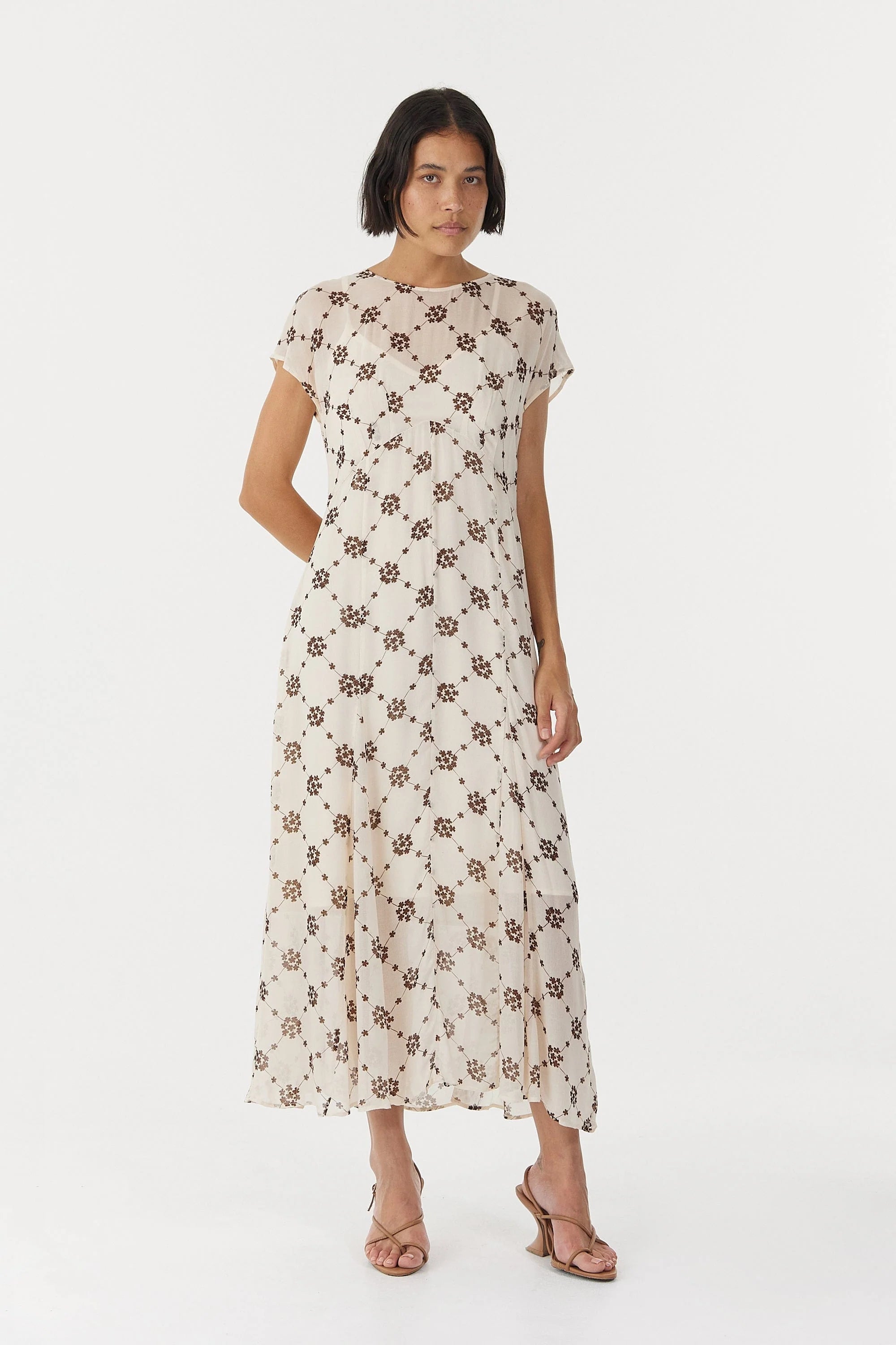 Third Form Cream Floral Motion Cap Sleeve Midi Dress