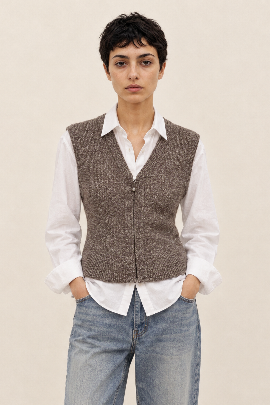 Vintage Tan Silk/Wool Knit Zippered Vest