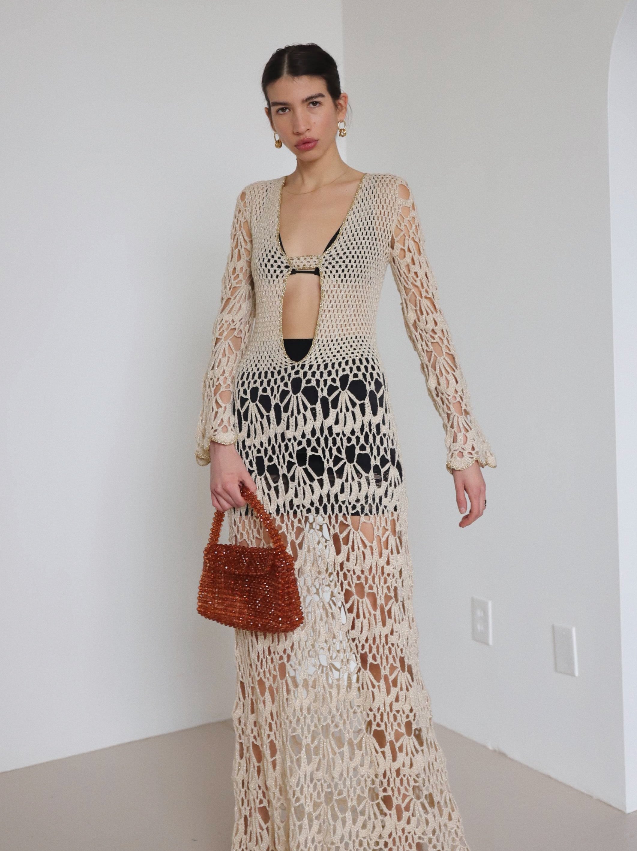 Vintage Crochet Net Lurex Maxi Dress