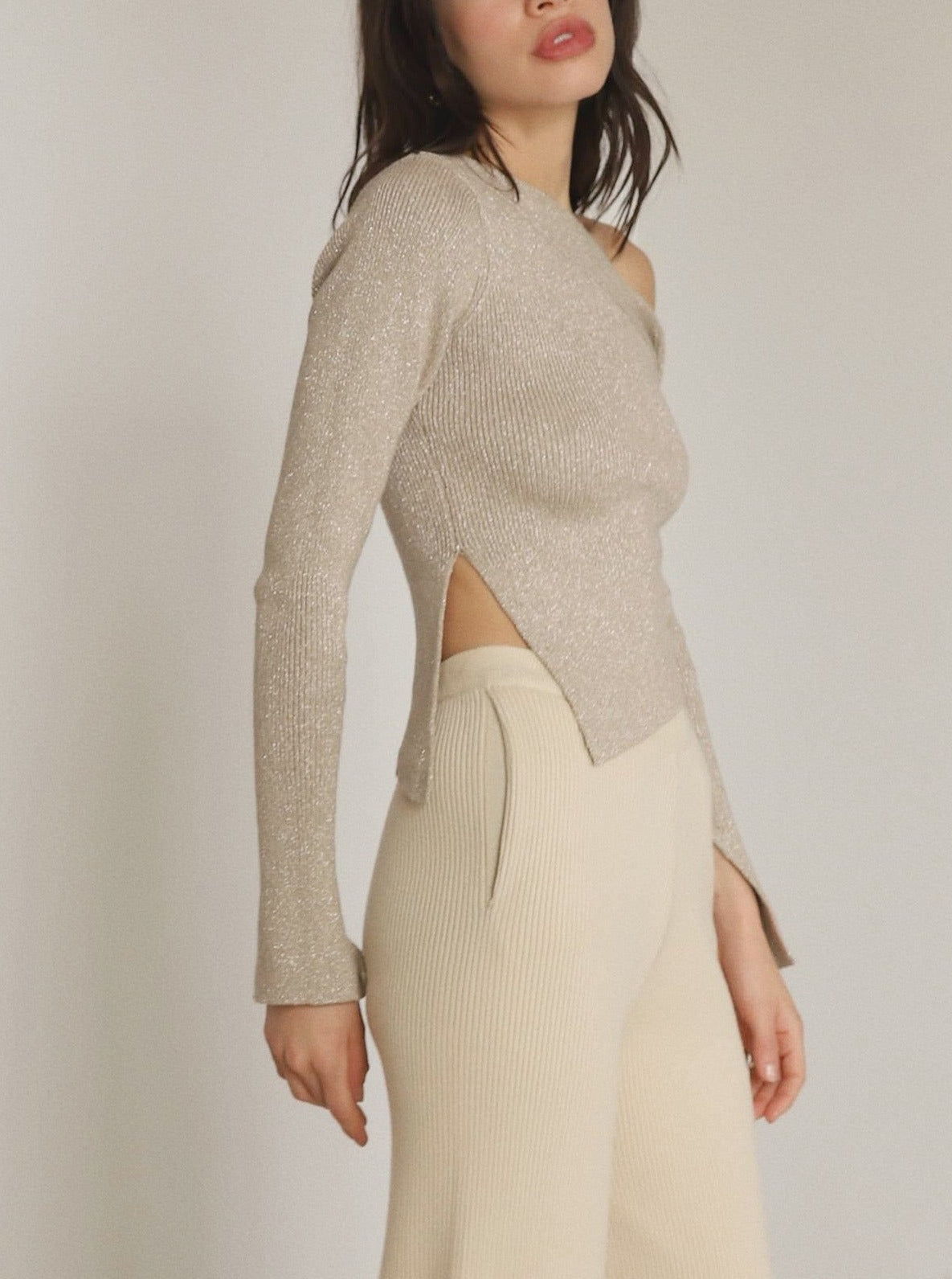 Taupe Asymmetrical Off Shoulder Sweater